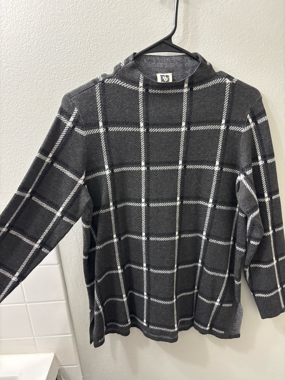 Anne Klein Charcoal and White Windowpane Knit Top
